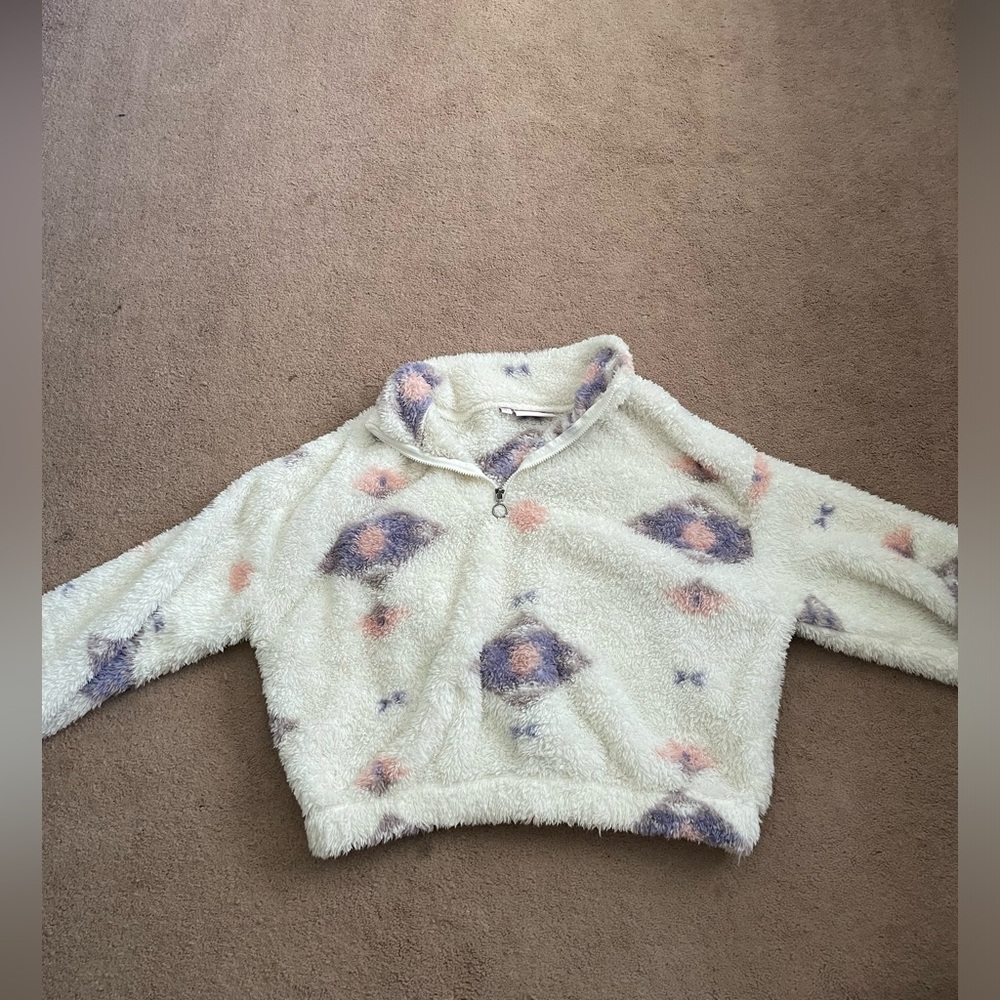 White, pink, and Purple Cropped Fuzzy Jacket